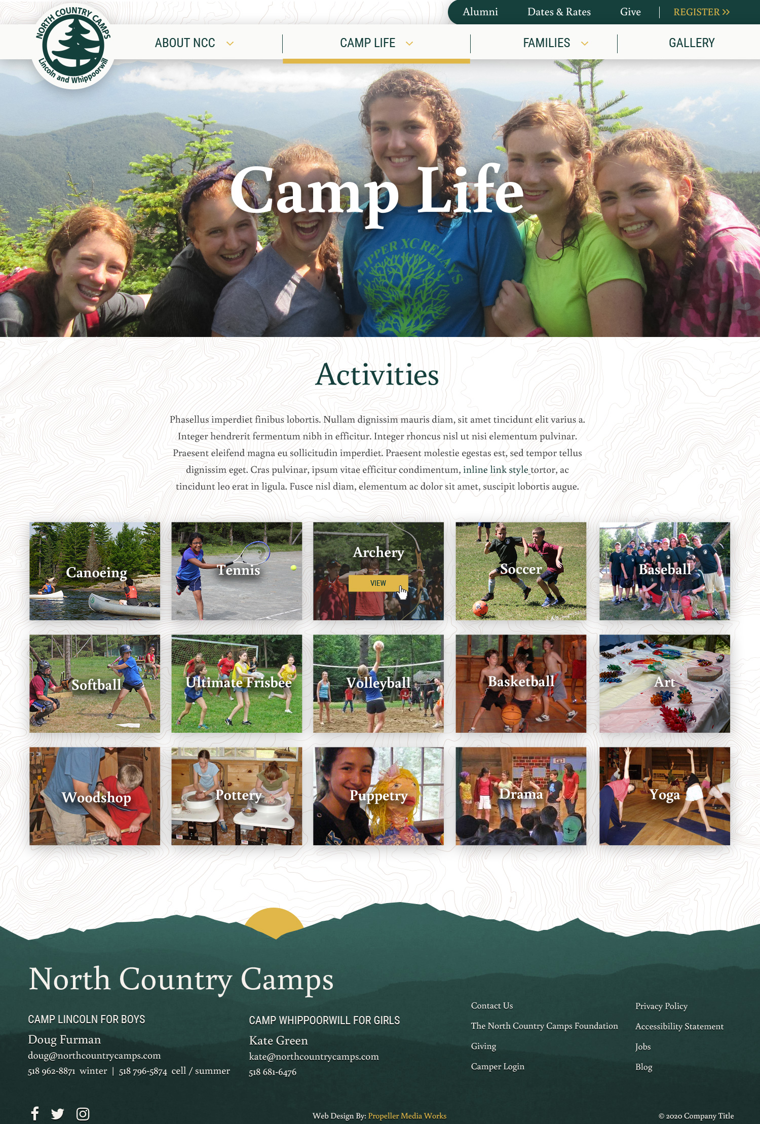 North Country Camps - Activities Landing Page Design - Desktop