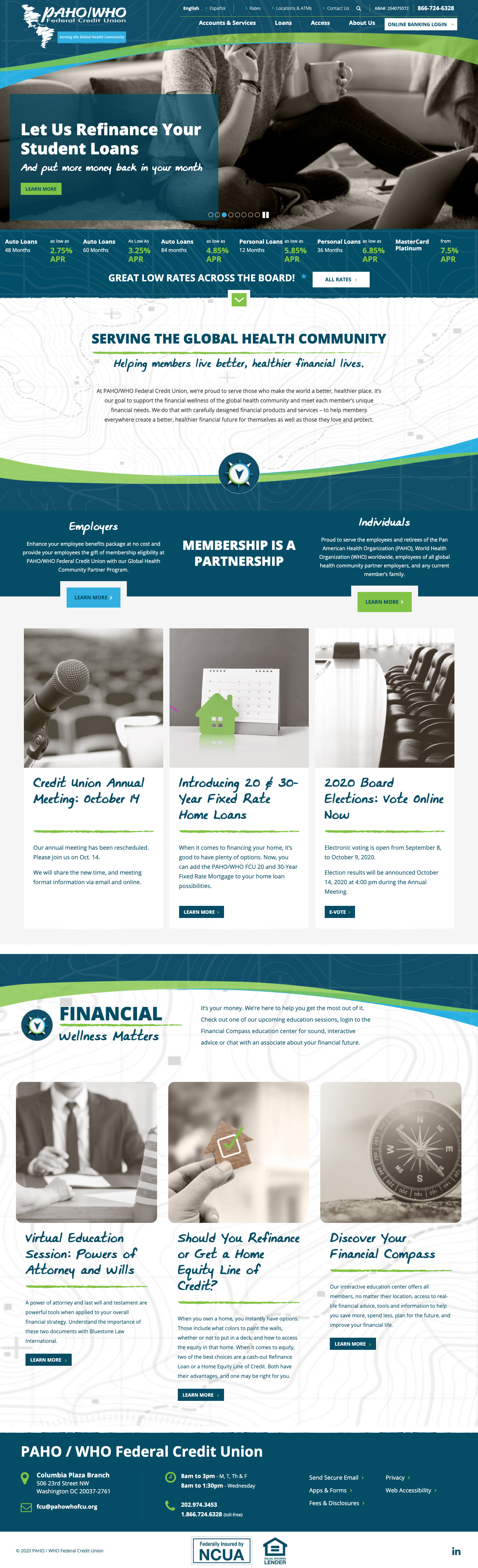 PAHO / WHO Federal Credit Union homepage design for desktop