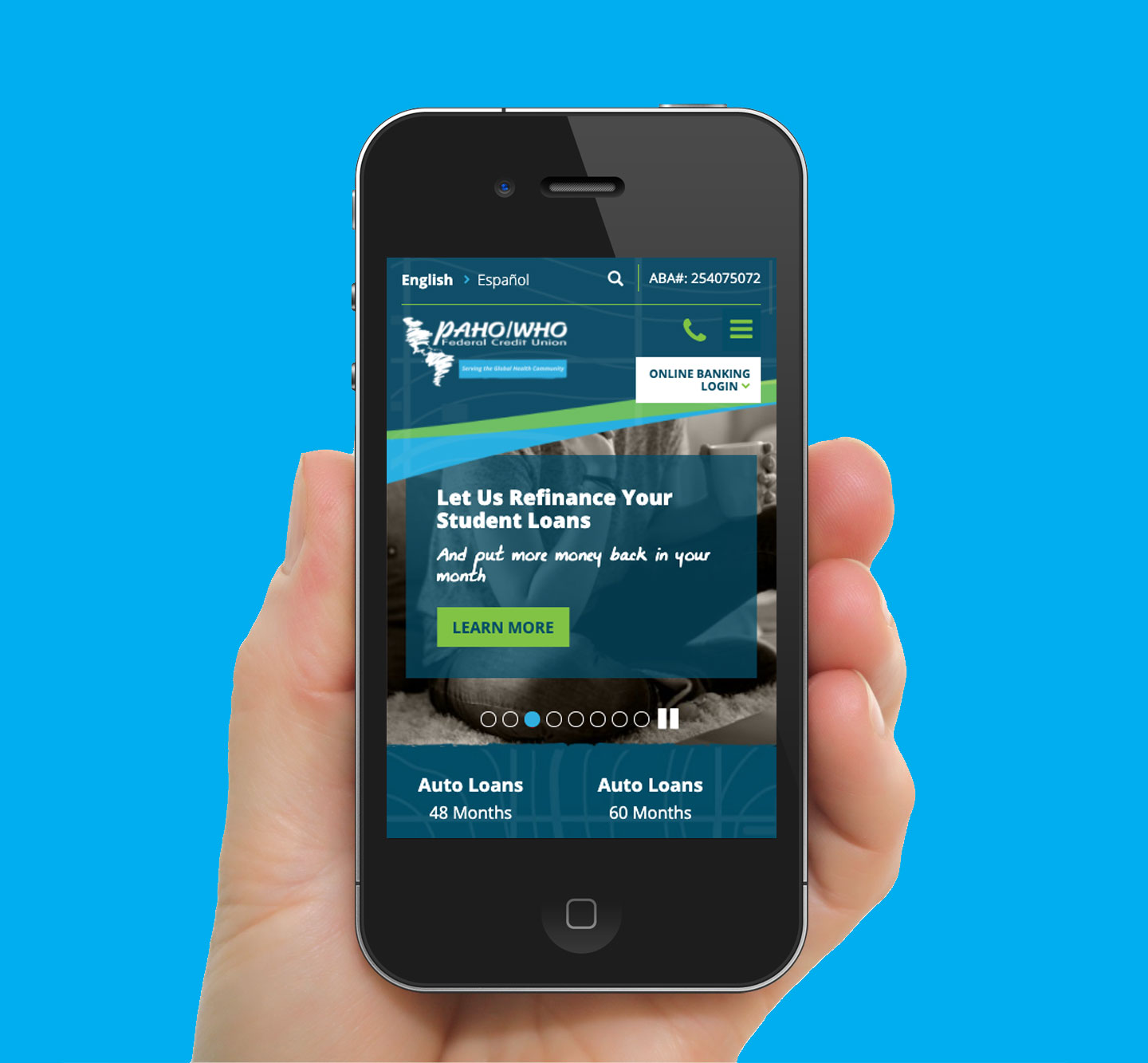 PAHO / WHO Federal Credit Union homepage design for mobile