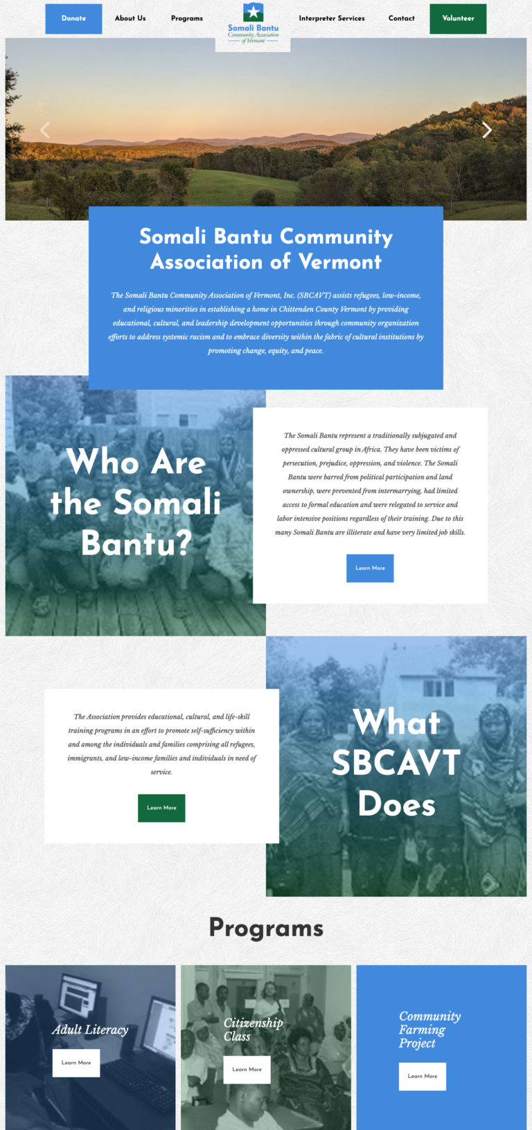 Somali Bantu Community Association of Vermont Homepage Desktop Design